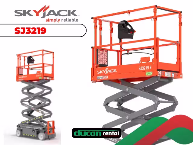 Plataforma elevatória tesoura Skyjack SJ3219 para locação em Catalão-GO — altura de 6,7 metros para trabalhos comerciais